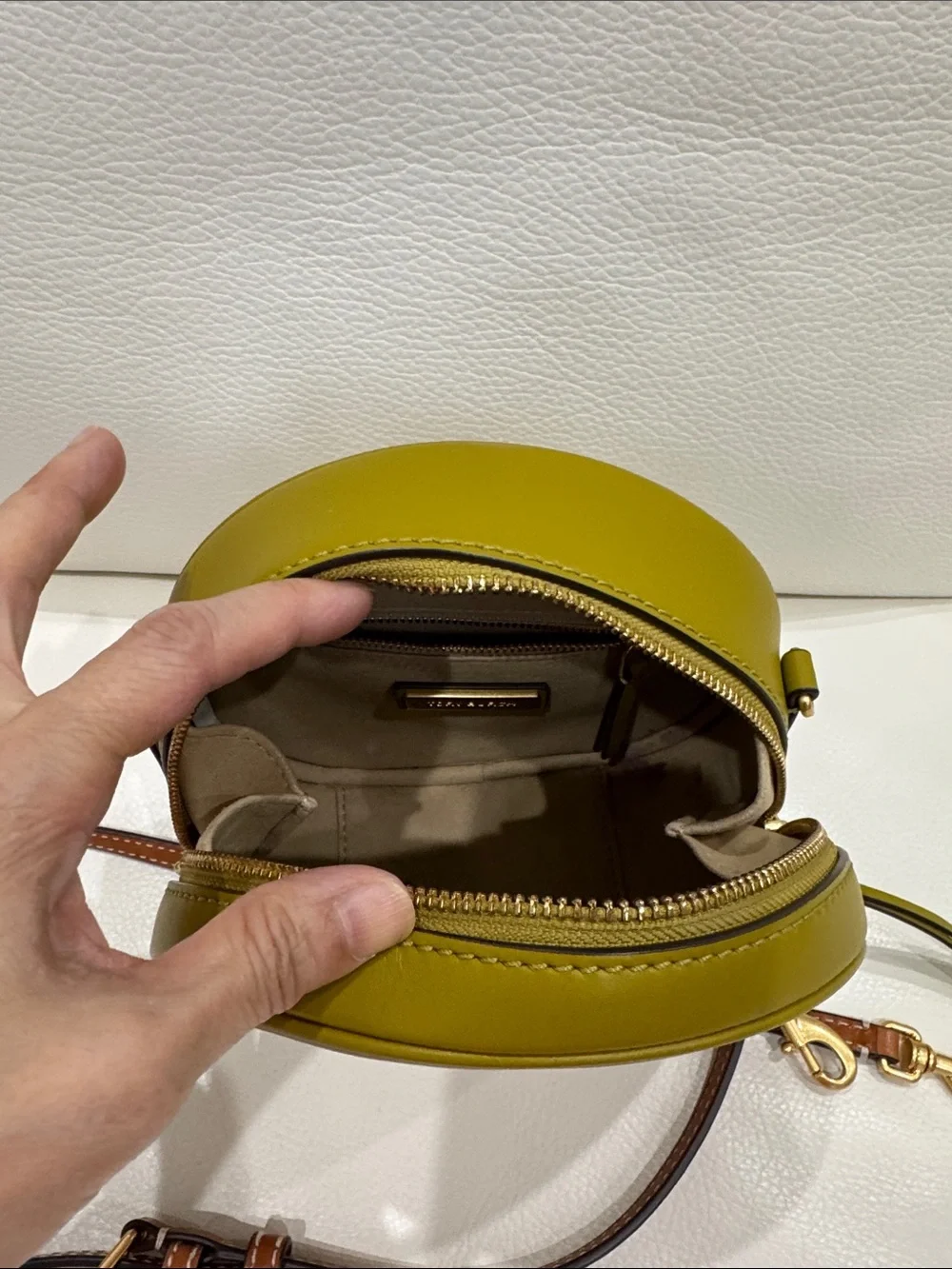 Tory Burch Olive Trim Cream Round Leather Crossbody bag